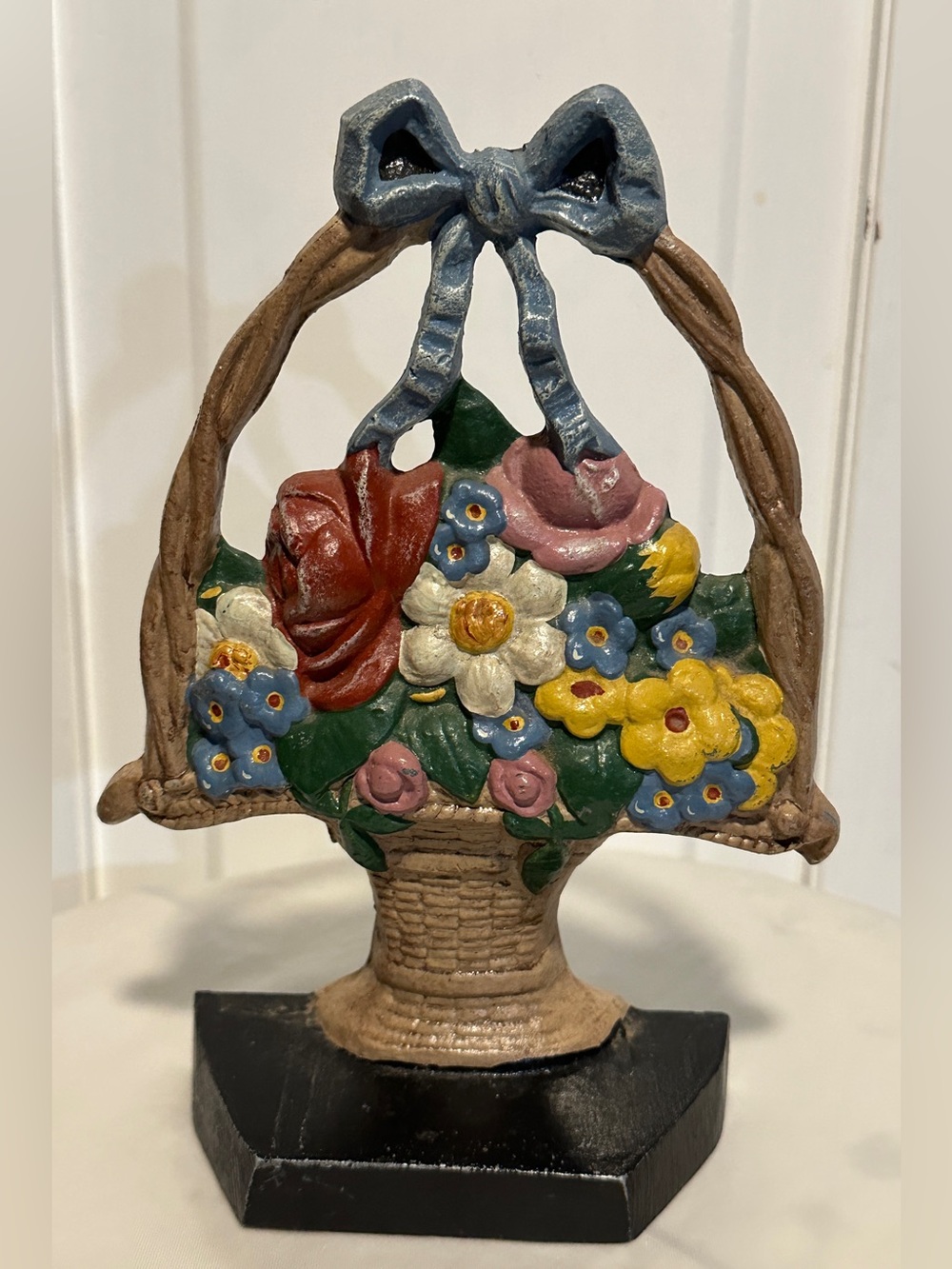 Vintage Cast Iron Metal Flower Basket with Bow Door Stop